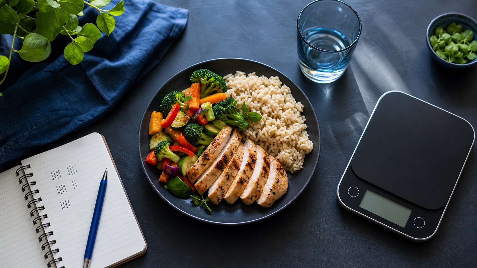 Balanced plate, kitchen scale, and notebook used to count calories